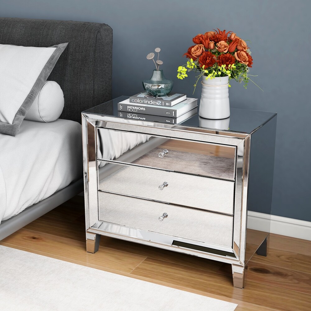 Glam Mirror Nightstand Bedside Table with 3 Drawer Chest