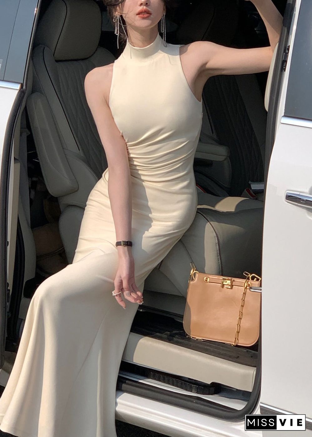 Style Beige Turtleneck Solid Slim Maxi Dress Summer