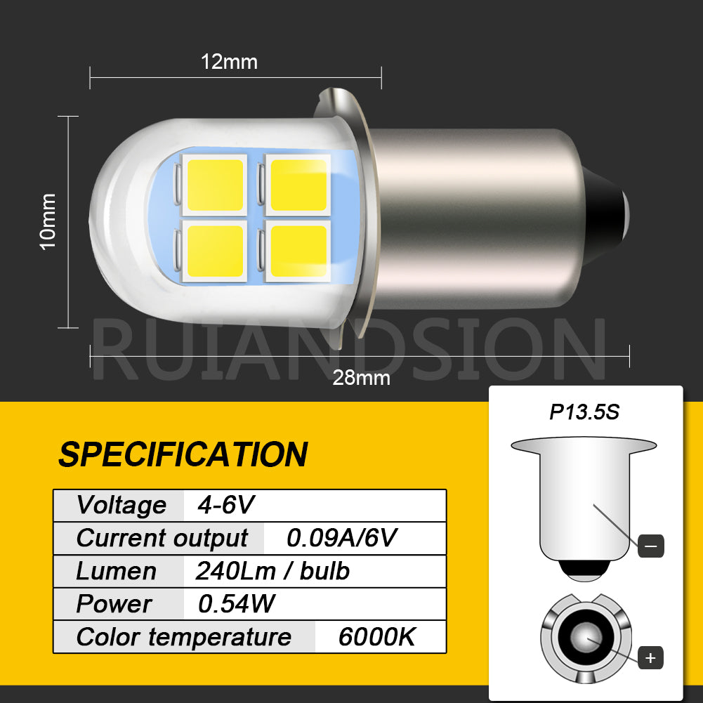 Ruiandsion Bulb for Flashlight，P13.5S Base 2835 Chip White，LED Replacement Light Bulb，Pack of 2