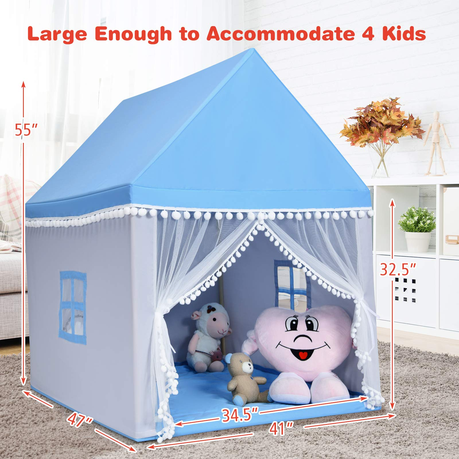 Costzon Kids Play Tent, Large Playhouse w/ Washable Mat, Windows, Solid Wood Frame