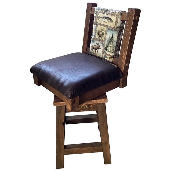 Farmhouse Timber Peg Swivel Upholstered Barstool with Back