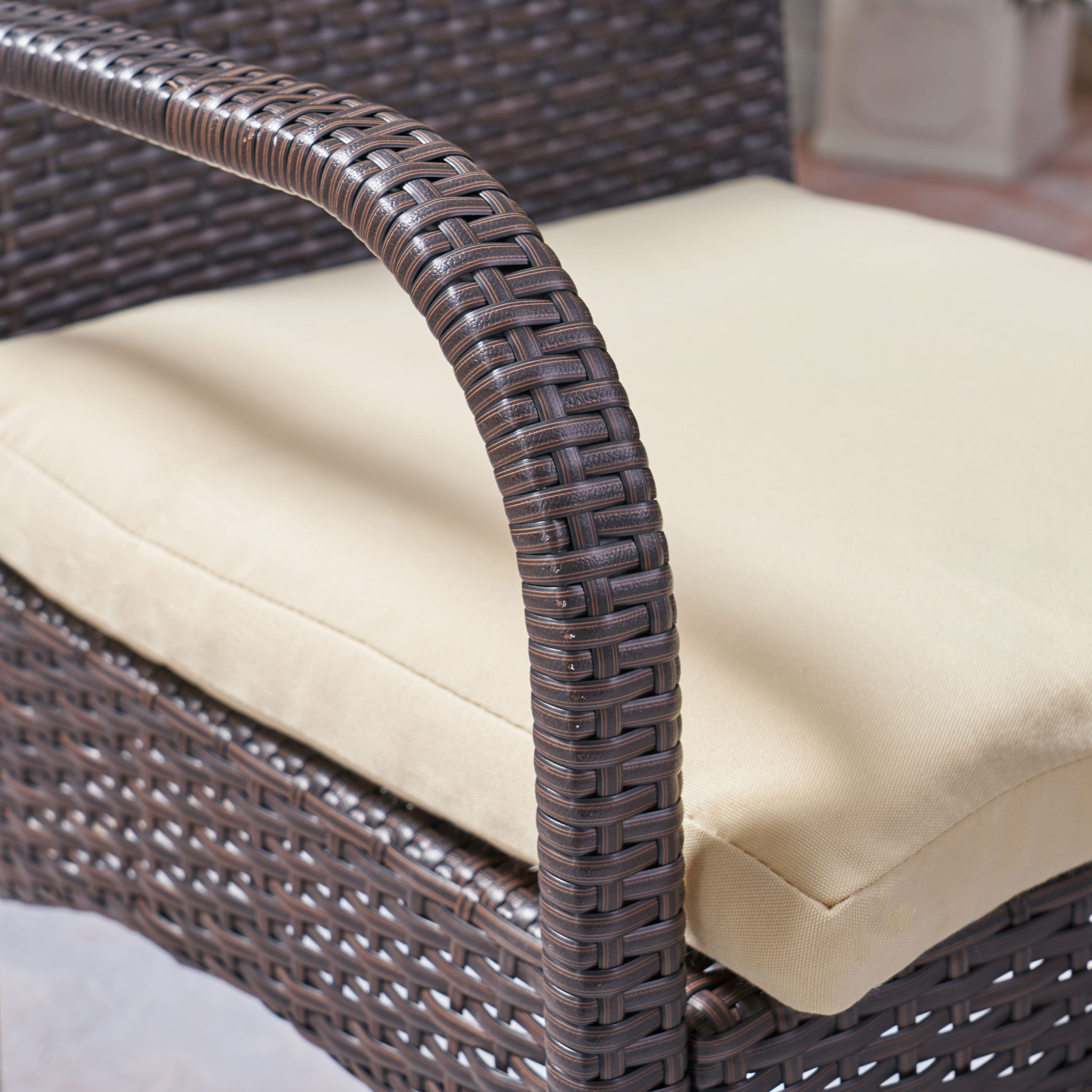 Kevin Outdoor 3 Piece Wicker Bistro Set, Multi Brown with Cream Cushion