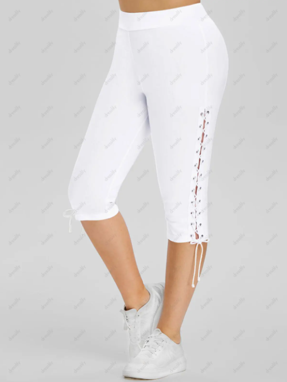 Plus Size Note Print Colorblock T Shirt and Lace Up Eyelet Capri Leggings Summer Casual Outfit