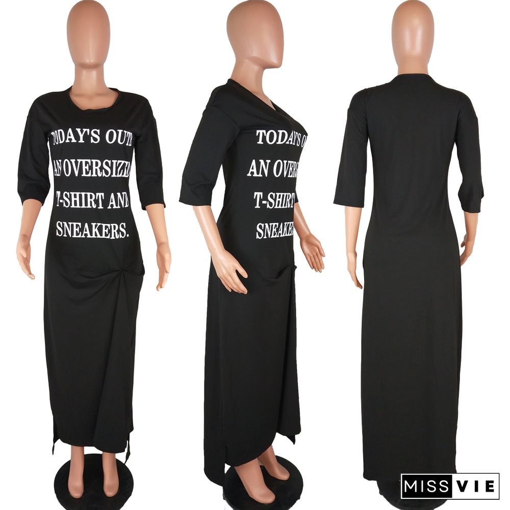 Hot Sales Letter Printed Round Neck Middle Sleeve Long Dress