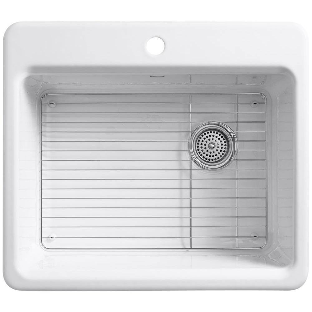 KOHLER Riverby Drop-In Cast Iron 25 in. 1-Hole Single Bowl Kitchen Sink in White with Basin Rack K-5872-1A1-0