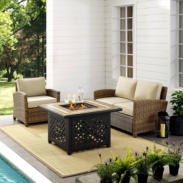 Crosley 3pc Bradenton Steel Outdoor Patio Fire Pit Furniture Set Tan brown