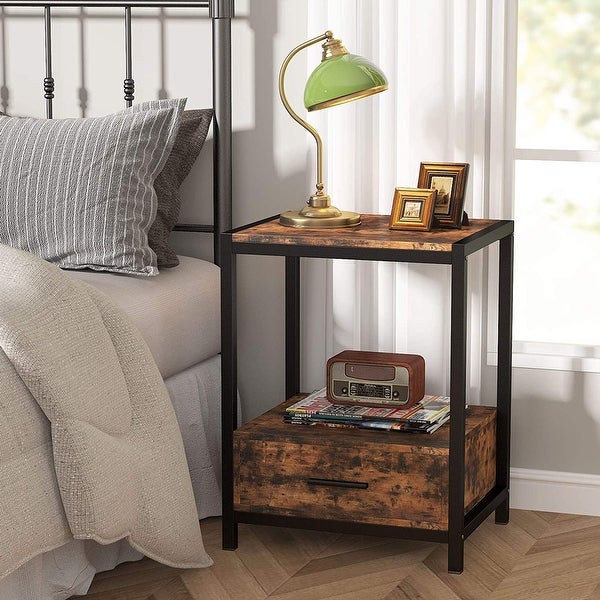 Industrial End Table with Drawer and Storage Shelves， Side Table and Nightstands