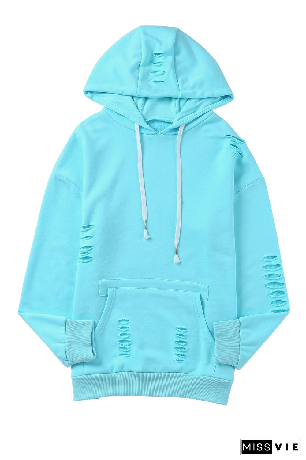 Solid Ripped Hooded Sweatshirt With Kangaroo Pocket