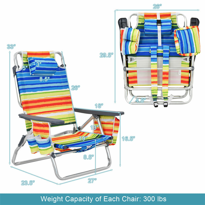 4 Pack Folding Backpack Beach Chairs 5-Position Adjustable Sling Camping Chairs with Head Pillows