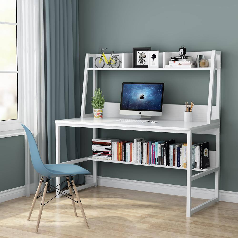 TRIBESIGNS WAY TO ORIGIN Sally 55 in. Rectangular White Metal and Particle Wood Board Top Computer Desk with Monitor Stand and Hutch Bookshelf HD-C0439