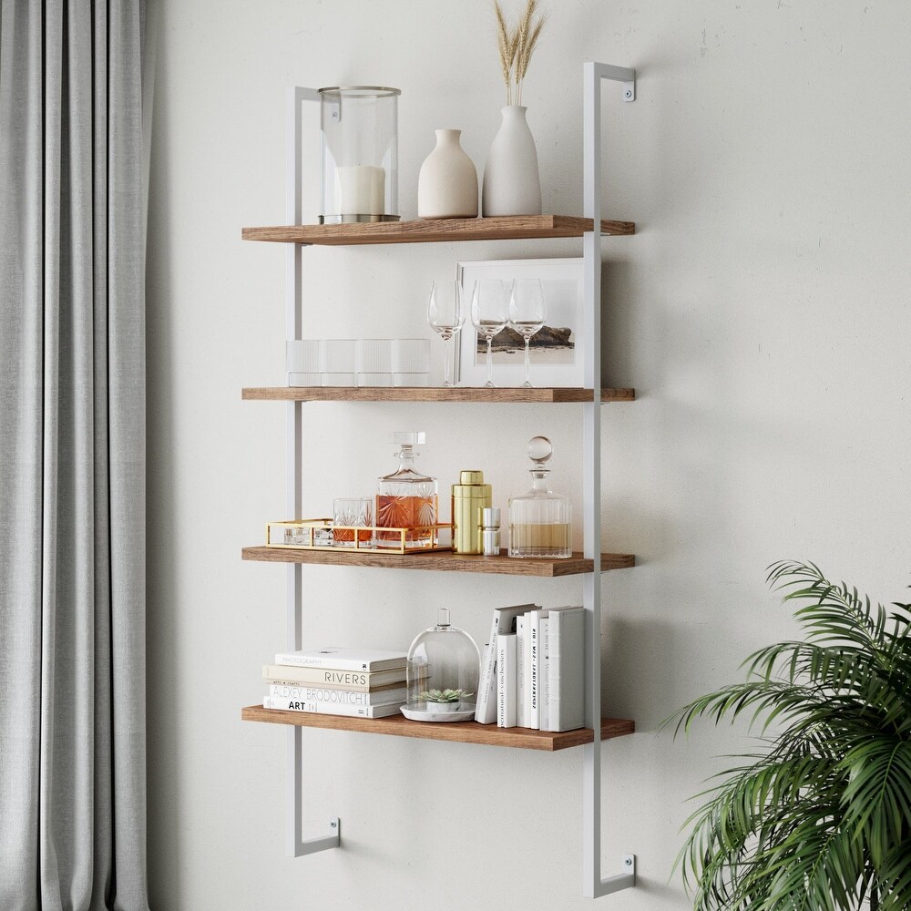 Nathan James Theo 4 Shelf Bookcase Floating Wall Mount Natural Wood Industrial Pipe Metal Frame