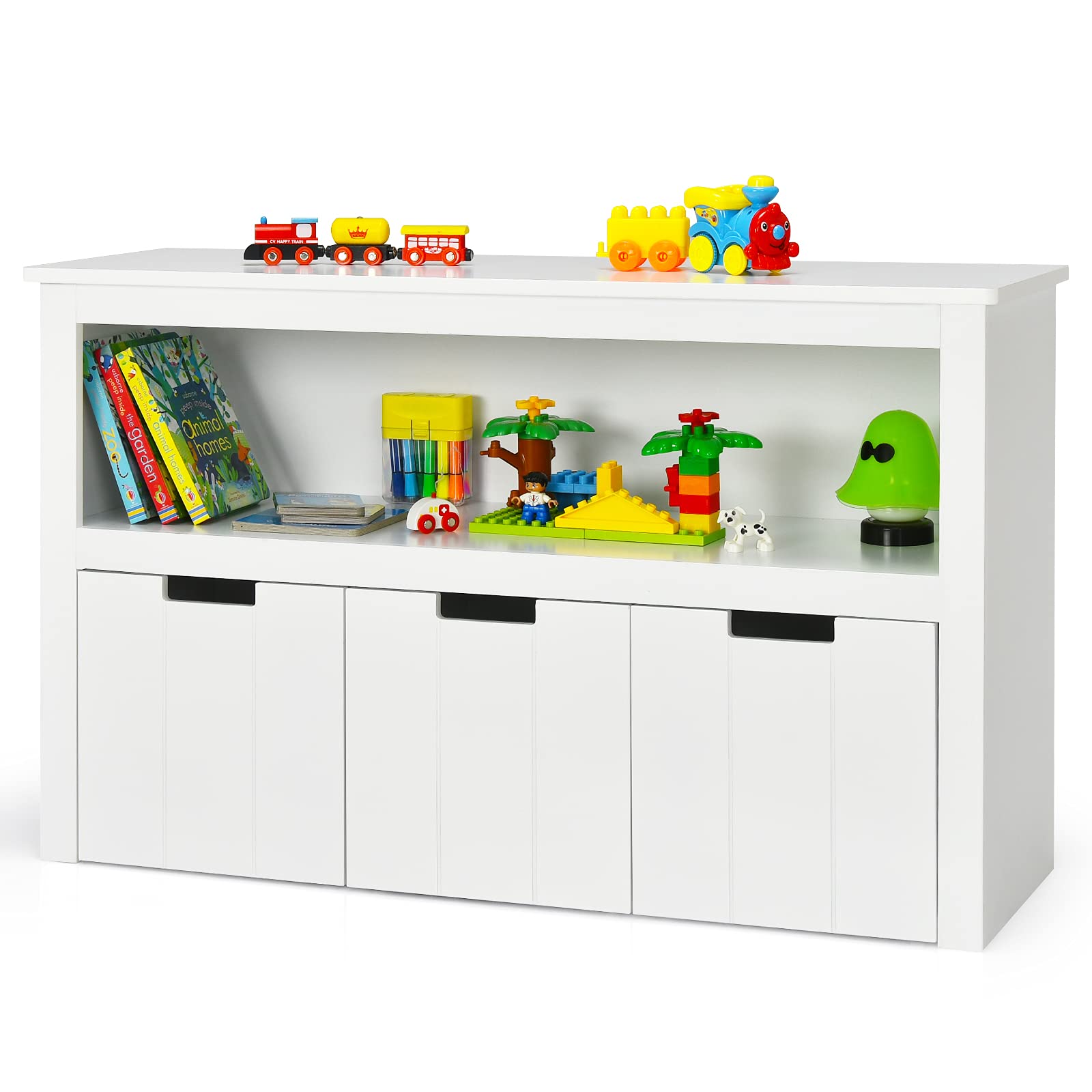 Costzon Kids Toy Storage Cabinet, 3 Drawers Playroom Chest with Large Open Shelf & Rolling Wheels (White)