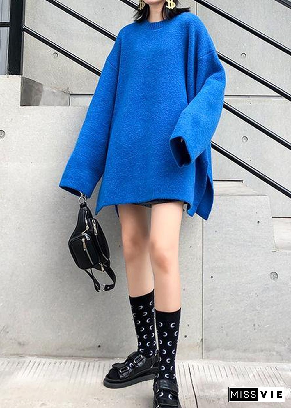 Fashion blue knitted pullover plus size clothing winter knit tops side open