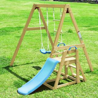 TIRAMISUBEST Outdoor Wooden Swing Set with Slide for Toddlers SWXY000062AAP