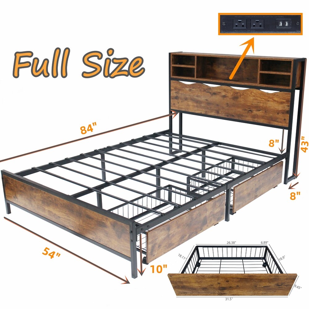 Rustic Bookcase Bed Frame with Power Outlets + 2 Storage Drawers 