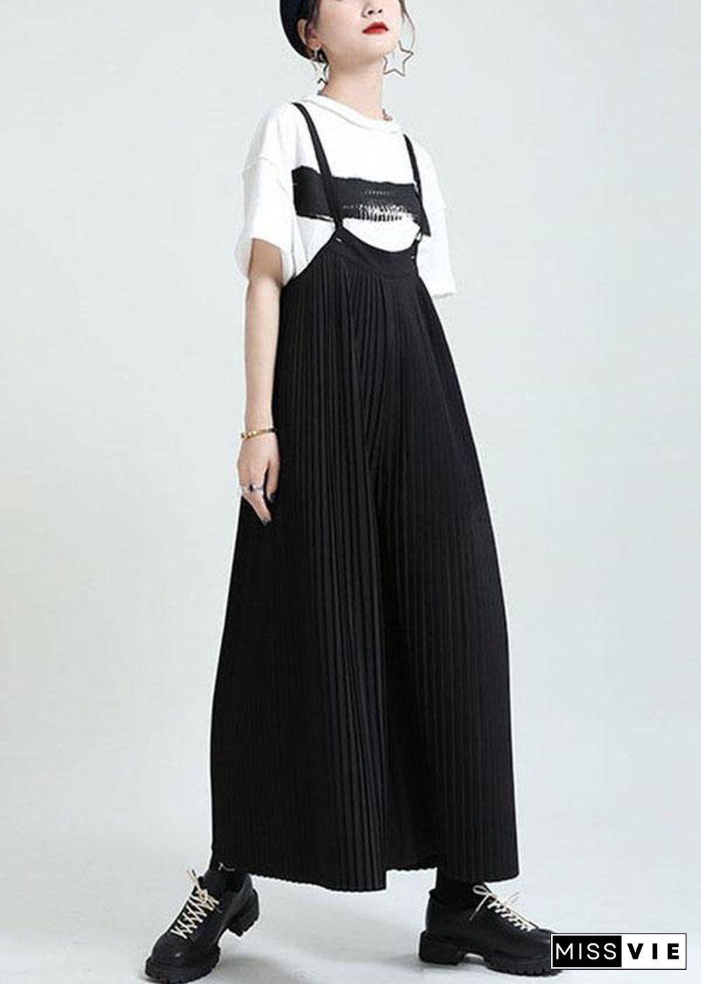 Casual Black High Waist Wrinkled Wide Leg Summer Jumpsuit