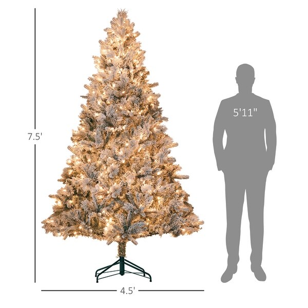 HOMCOM 6.5 ft PreLit Artificial Christmas Tree with 350 Clear Lights and 1107 Tips，Snow Flocked Christmas Tree