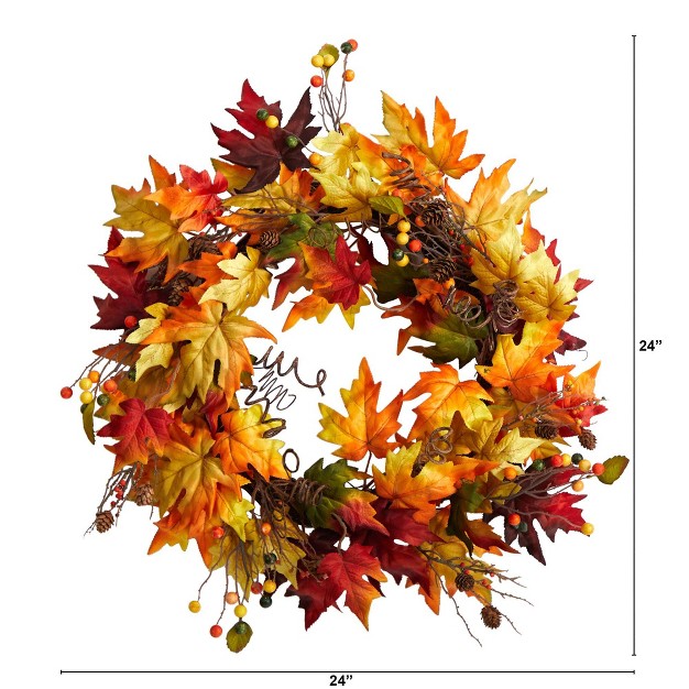 Nearly Natural 24 Autumn Maple Leaf And Berries Artificial Fall Wreath With Twig Base