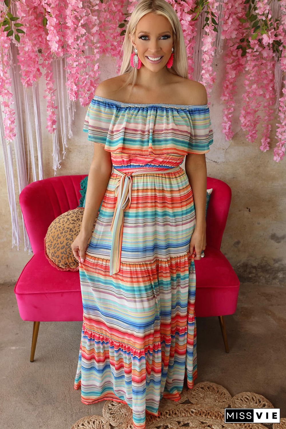 Stripe Print Lace-up Ruffled Off Shoulder Maxi Dress