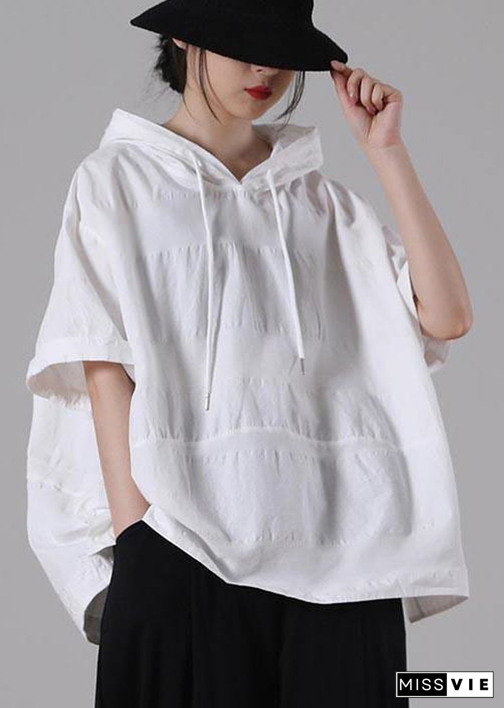 Women White hooded side open Cotton T Shirt Summer