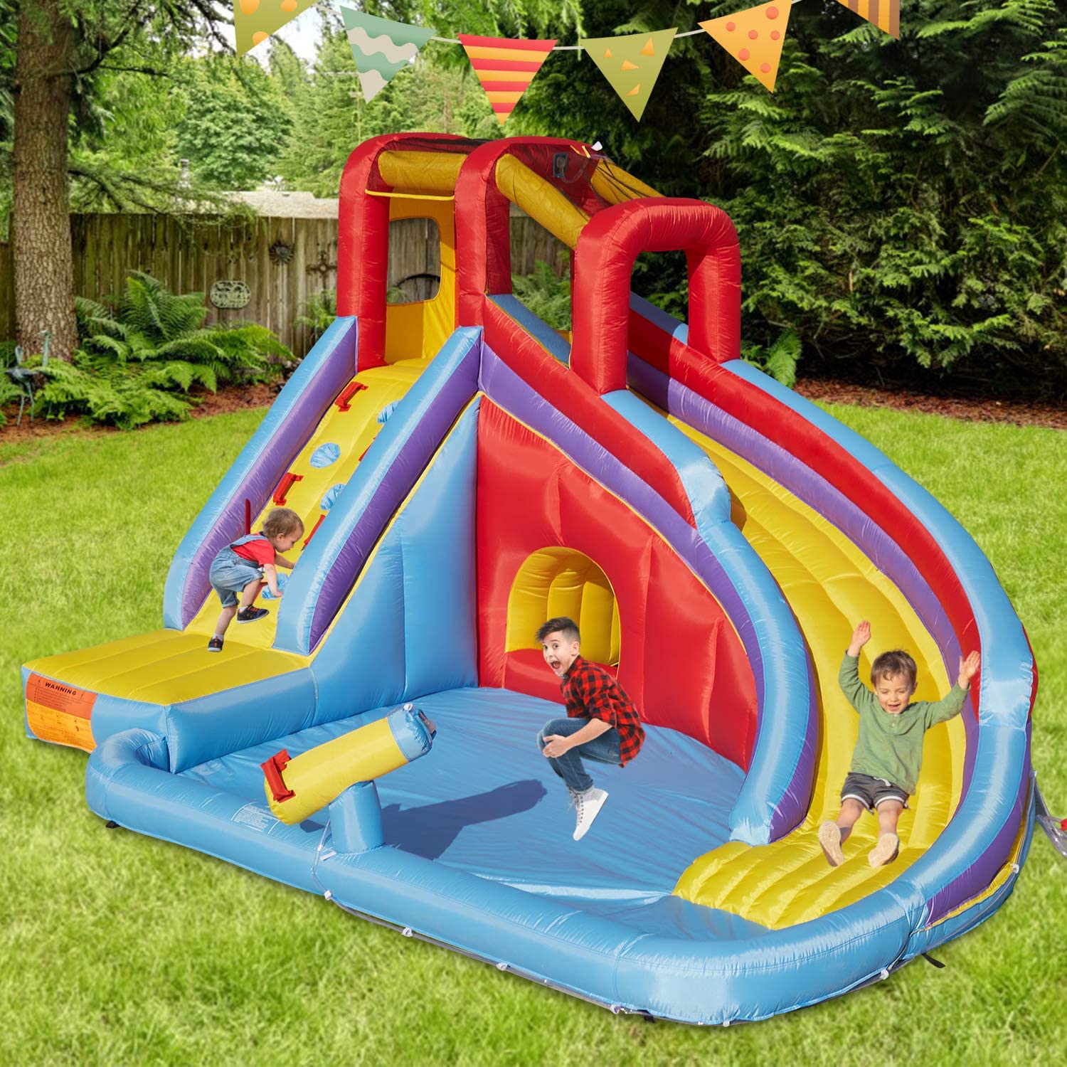 Kinbor Inflatable Bounce House Pool Water Slide Bouncy Castle w/ Climbing Wall Long Slide & Air Blower, Colorful