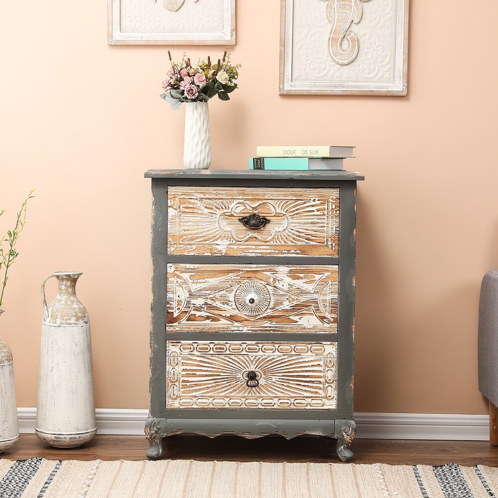 Rustic Weathered Grey Carved Wood 3 drawer Chest Nightstand