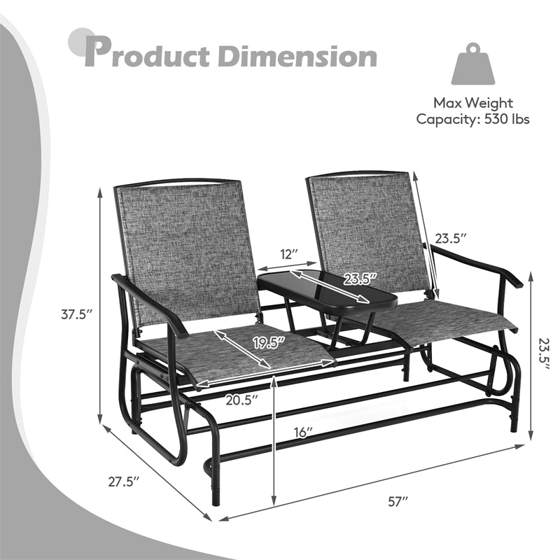 Outdoor 2-Person Rocking Loveseat Patio Bench Glider Chair with Center Tempered Glass Table