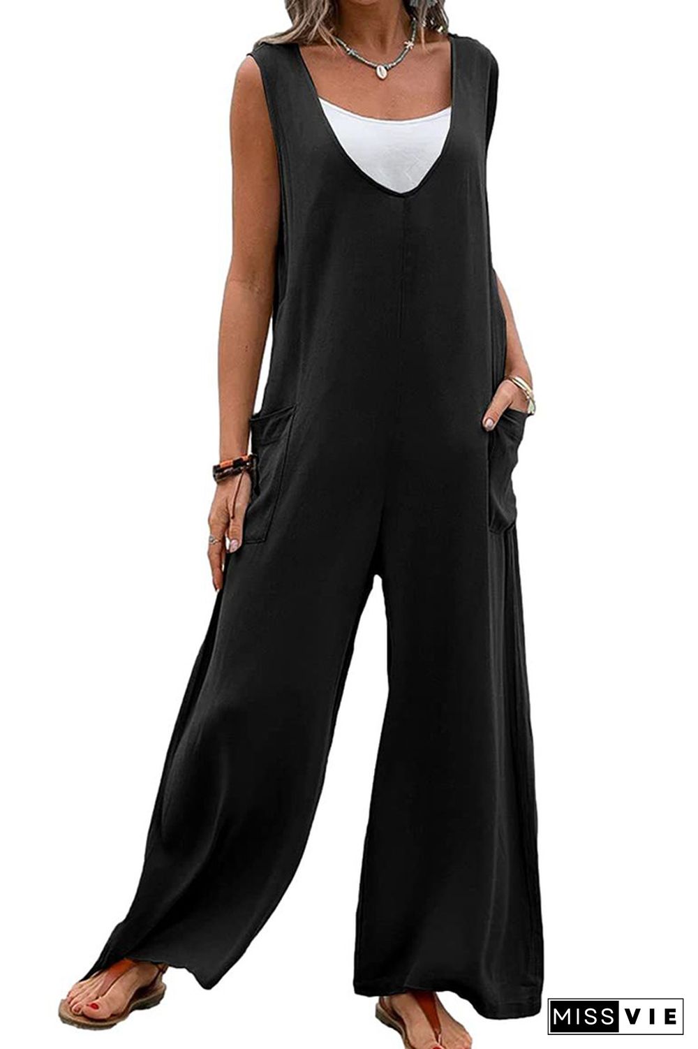 Plain V Neck Pockets Sleeveless Jumpsuit