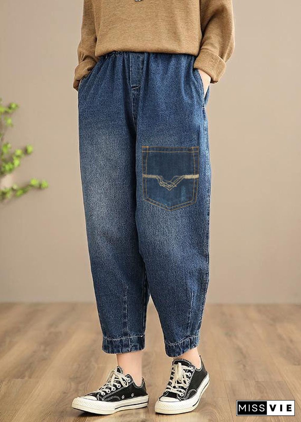 Handmade Spring Casual Pants Oversize Denim Blue-Rose Photography Elastic Waist Trousers