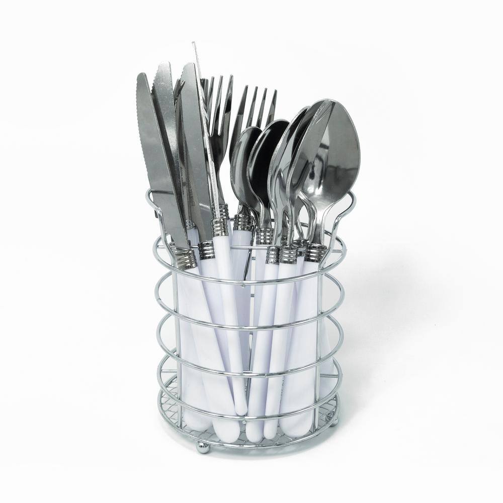 ExcelSteel 17-Piece White Stainless Steel Flatware Set with Caddy 493