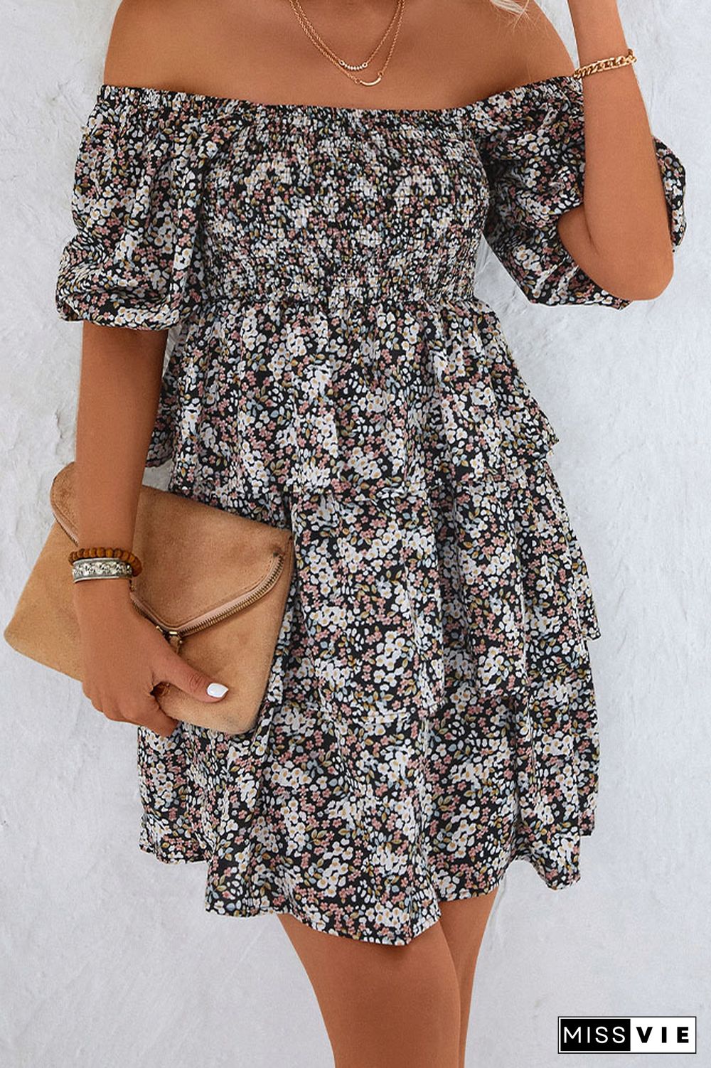 Smocked Square Neck Tiered Floral Dress