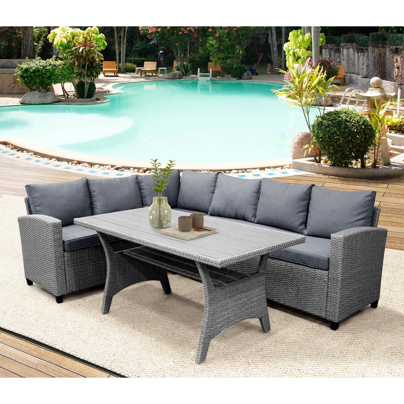 3pcs Patio PE Rattan Wicker Dining Table Set with Cushions - Overstock - 36811638