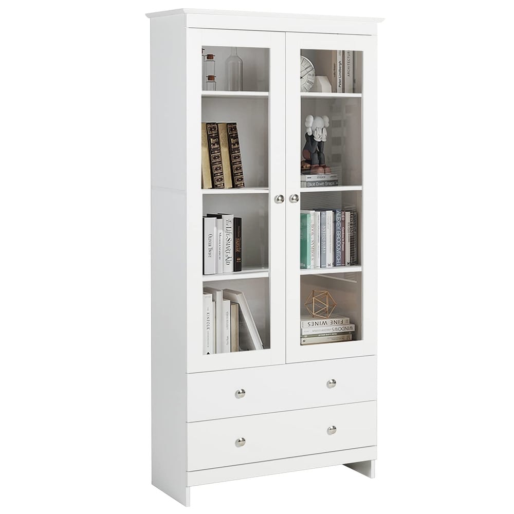 White Bookcase with Glass Doors Display Cabinet Wooden Bookshelf Organizer for Home Bedroom  Living Room