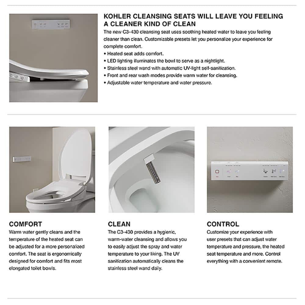 KOHLER C3430 Electric Heated Nightlight Remote Control Bidet Seat for Elongated Toilet in White