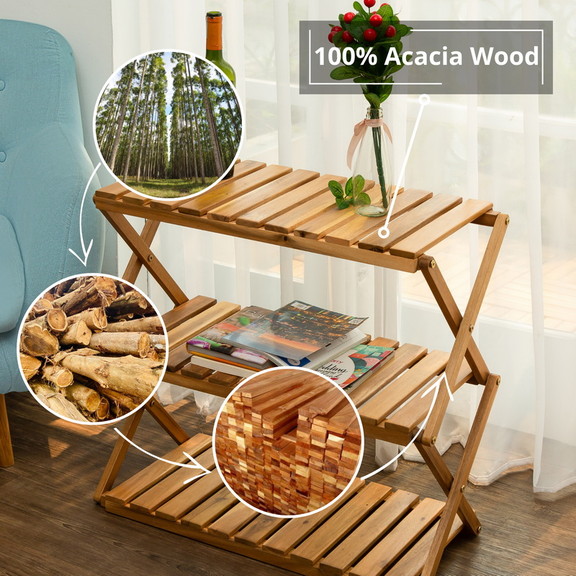 Acacia 3 Tiers Wooden Plants Stand Foldable Shoe R...