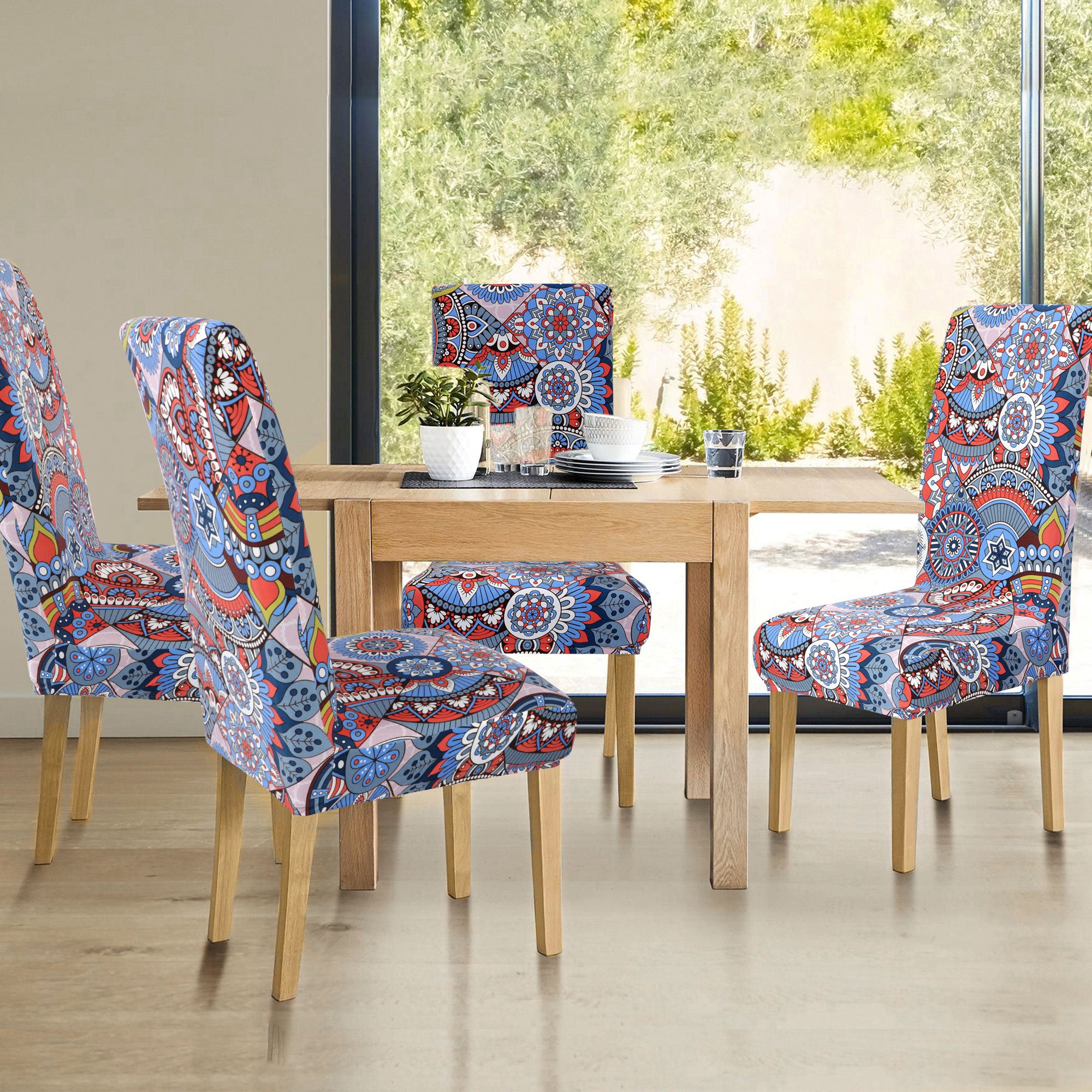 PiccoCasa Polyester Spandex Stretch Floral Dining Chair Cover, Red and Blue, 1Pc