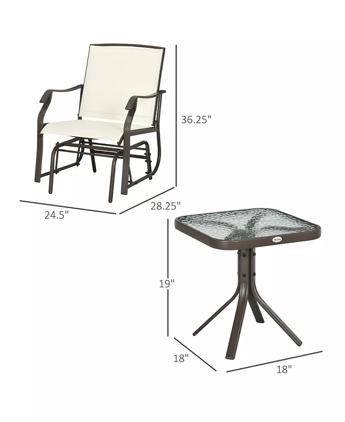 Outsunny 3 Piece Outdoor Glider Chair with Coffee Table Bistro Set 2 Patio Rocking Swing Chairs with Breathable Sling Fabric Glass Tabletop for Backyard Garden and Porch Cream White