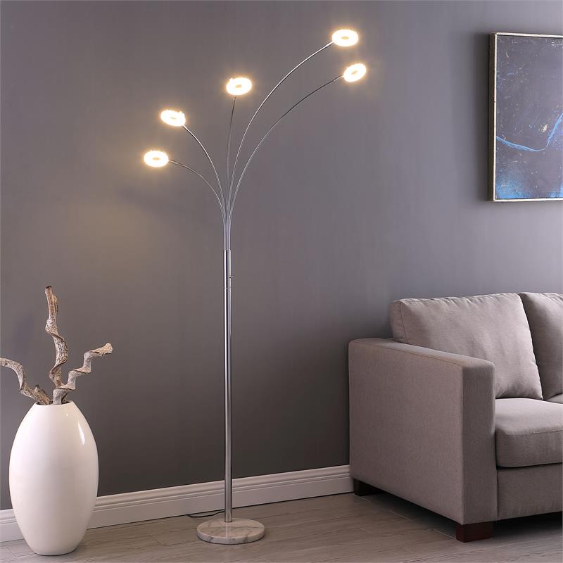 ORE International HBL2427 80 in. Avery 5 Arm Aluminum LED Semi Arc Floor Lamp& Silver Chrome Metal