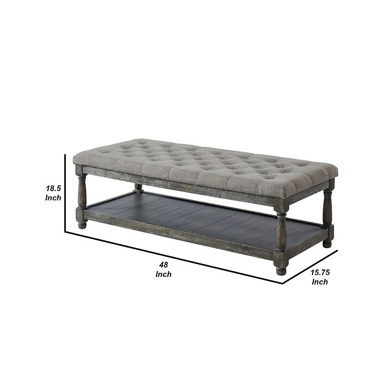 Fabric Upholstered Bench with Button Tufted Seat and Bottom shelf， Gray