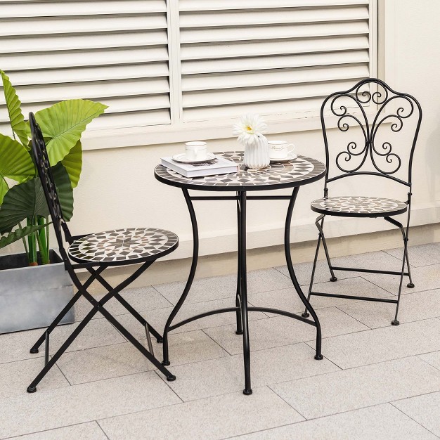 Costway 3pcs Patio Bistro Set Mosaic Pattern Heavy duty Metal Dining Folding Outdoor