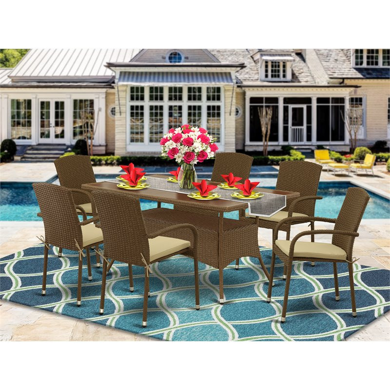 East West Furniture Oslo 7 piece Metal Patio Dining Set with Cushion in Brown   Tropical   Outdoor Dining Sets   by Homesquare  Houzz