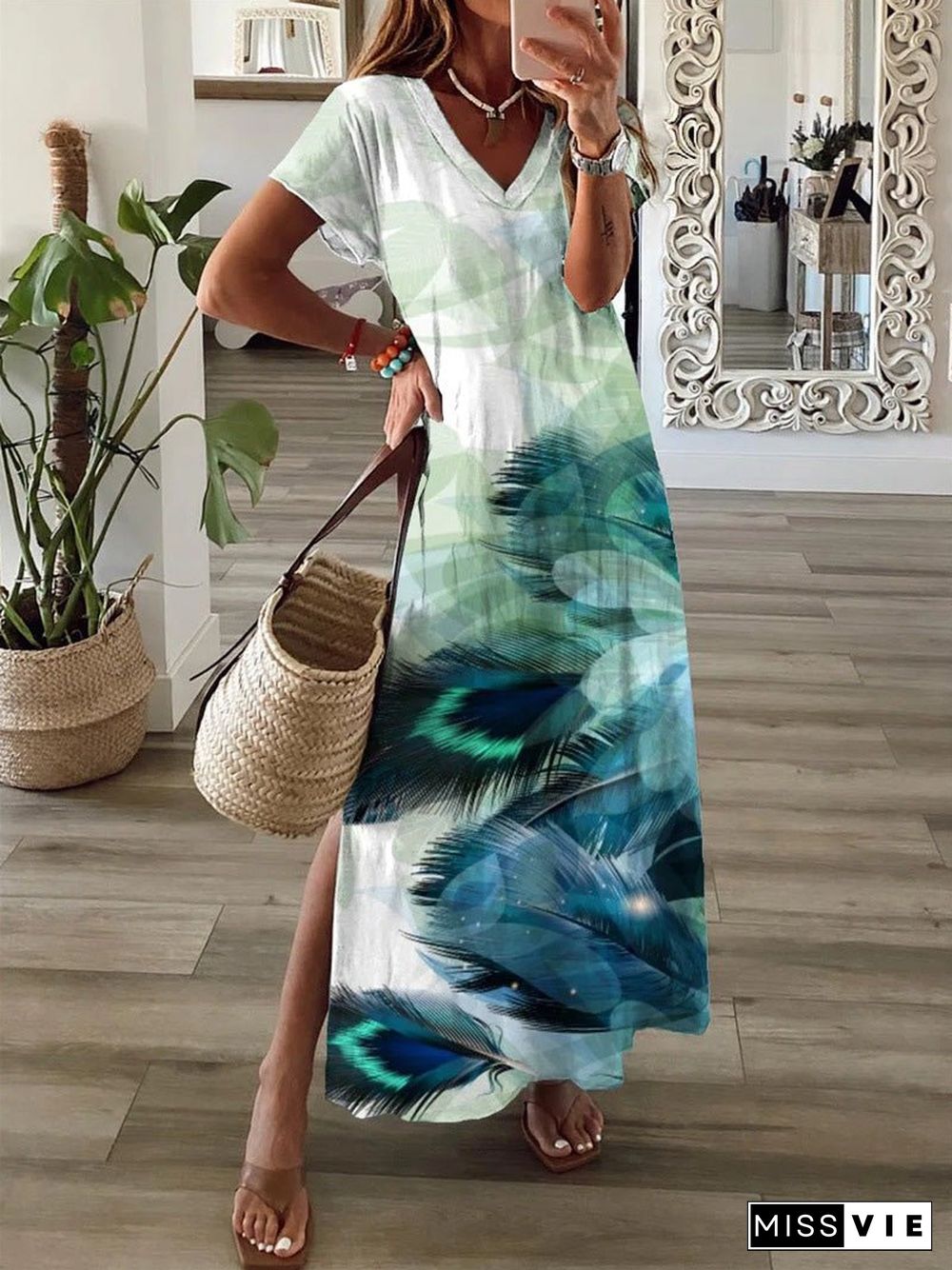 Women'S Dresses Printed Short Sleeve V-Neck Slit Dress