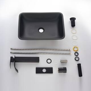 Interbath Matte Shell Glass Rectangular Vessel Bathroom Sink in Black with Faucet and Pop-Up Drain in Matte Black ITB110MB02