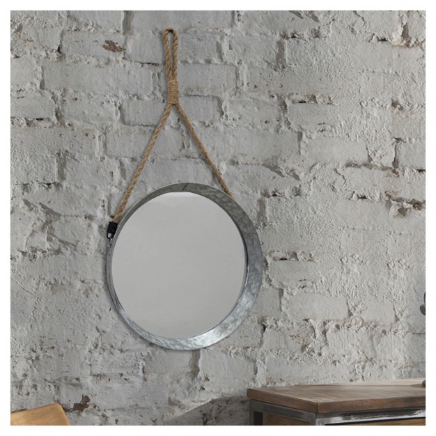 Suspended Round Galvanized Metal Wall Mirror With Rope Hanging Loop Brown silver Stonebriar Collection