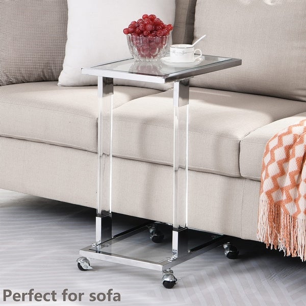 End Table Set of 2， C Shaped Chrome Side Tables with Wheels Silver Acrylic Table Couch C Table Slide - as picture