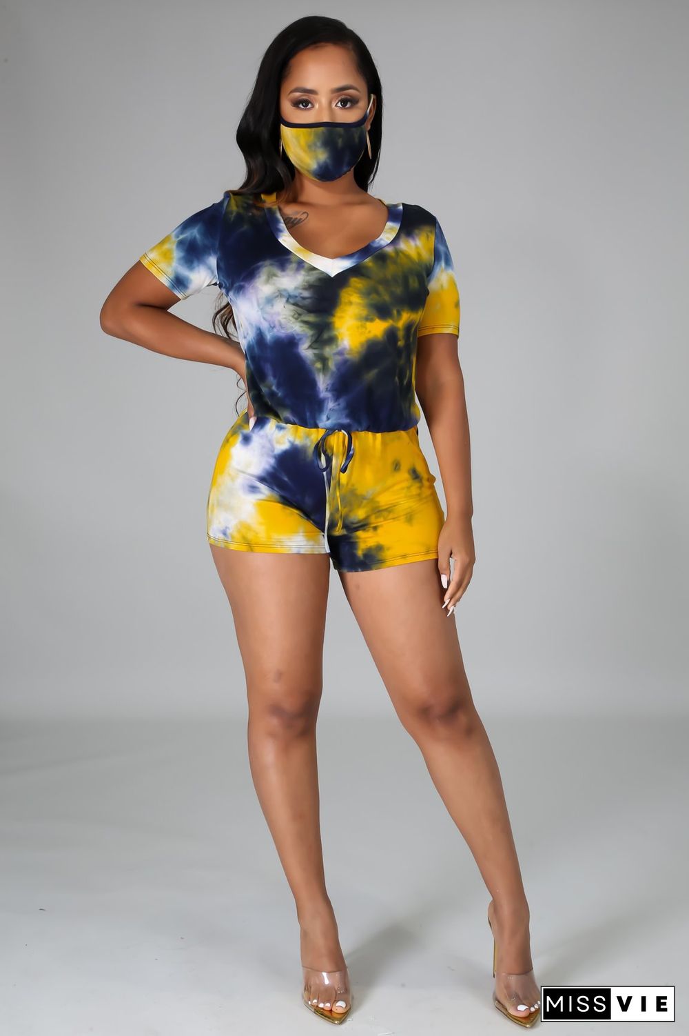 Sexy Fashion Digital Printing Short-Sleeved V-Neck Jumpsuit