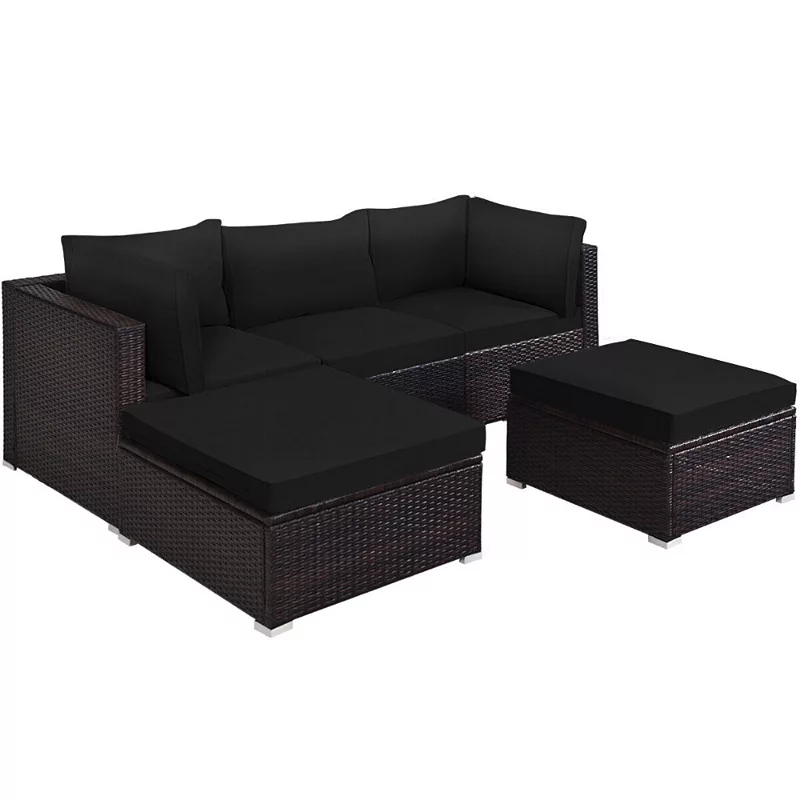 5 Pieces Patio Rattan Sectional Conversation Ottoman Furniture Set