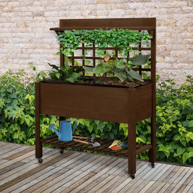 Outsunny 41'' Raised Garden Bed Mobile Elevated Wooden Planter Box Stand With Wheels， Trellis And Storage Shelf