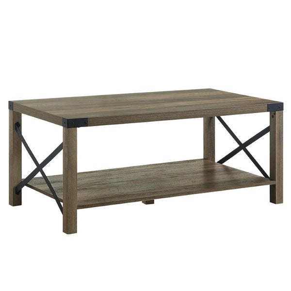 Eli 47 Inch Wood Coffee Table， Metal Brackets， Cross Bars， Rustic Oak Brown