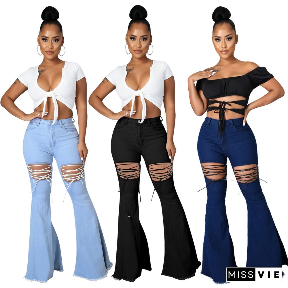 XS Summer Fashion Woman Solid Color Skinny High Waist Holes Bandage Ripped Flare Jeans